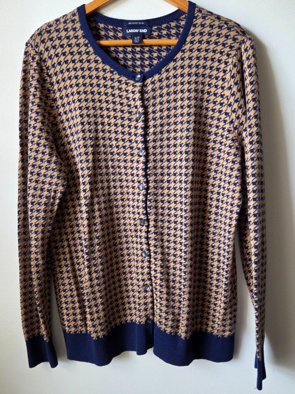 EUC LAND'S END HOUNDSTOOTH BLUE/TAN CREW NECK BUTTONED LONGSLEEVES SWEATER SZ L